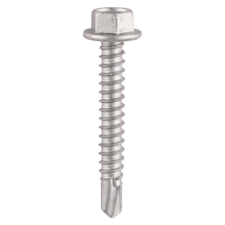 This is an image showing TIMCO Metal Construction Light Section Screws - Hex - Self-Drilling - Bi-Metal - Exterior - Silver Organic - 5.5 x 100 - 100 Pieces Box available from T.H Wiggans Ironmongery in Kendal, quick delivery at discounted prices.