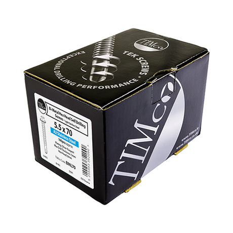 This is an image showing TIMCO Metal Construction Light Section Screws - Hex - Self-Drilling - Bi-Metal - Exterior - Silver Organic - 5.5 x 100 - 100 Pieces Box available from T.H Wiggans Ironmongery in Kendal, quick delivery at discounted prices.