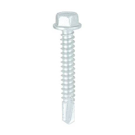 This is an image showing TIMCO Metal Construction Light Section Screws - Hex - Self-Drilling - Bi-Metal - Exterior - Silver Organic - 5.5 x 38 - 100 Pieces Box available from T.H Wiggans Ironmongery in Kendal, quick delivery at discounted prices.