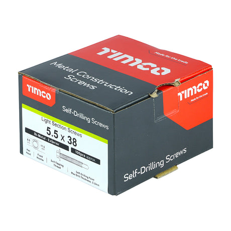 This is an image showing TIMCO Metal Construction Light Section Screws - Hex - Self-Drilling - Bi-Metal - Exterior - Silver Organic - 5.5 x 38 - 100 Pieces Box available from T.H Wiggans Ironmongery in Kendal, quick delivery at discounted prices.