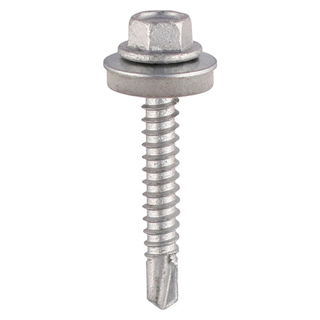 This is an image showing TIMCO Metal Construction Light Section Screws - Hex - EPDM Washer - Self-Drilling - Exterior - Silver Organic - 5.5 x 50 - 100 Pieces Box available from T.H Wiggans Ironmongery in Kendal, quick delivery at discounted prices.