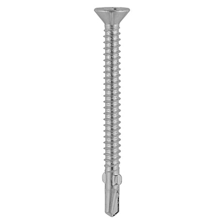 This is an image showing TIMCO Metal Construction Timber to Light Section Screws - Countersunk - Wing-Tip - Self-Drilling - Bi-Metal - Exterior - Silver Organic - 4.8 x 38 - 200 Pieces Box available from T.H Wiggans Ironmongery in Kendal, quick delivery at discounted prices.