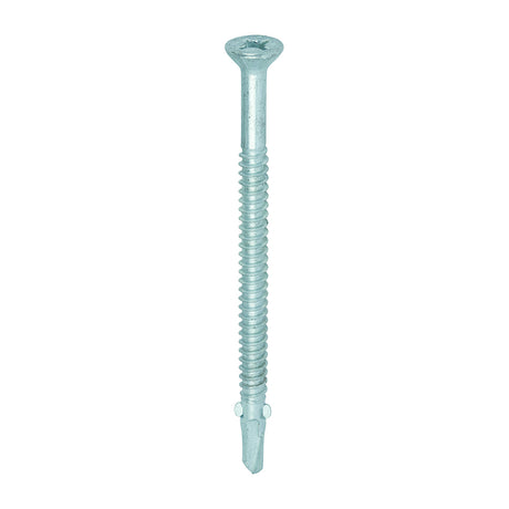 This is an image showing TIMCO Metal Construction Timber to Light Section Screws - Countersunk - Wing-Tip - Self-Drilling - Bi-Metal - Exterior - Silver Organic - 5.5 x 85 - 100 Pieces Box available from T.H Wiggans Ironmongery in Kendal, quick delivery at discounted prices.