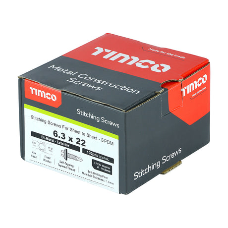 This is an image showing TIMCO Metal Construction Stitching Screws - For Sheet to Sheet - Hex - EPDM Washer - Bi-Metal - Exterior - Silver Organic - 6.3 x 22 - 100 Pieces Box available from T.H Wiggans Ironmongery in Kendal, quick delivery at discounted prices.
