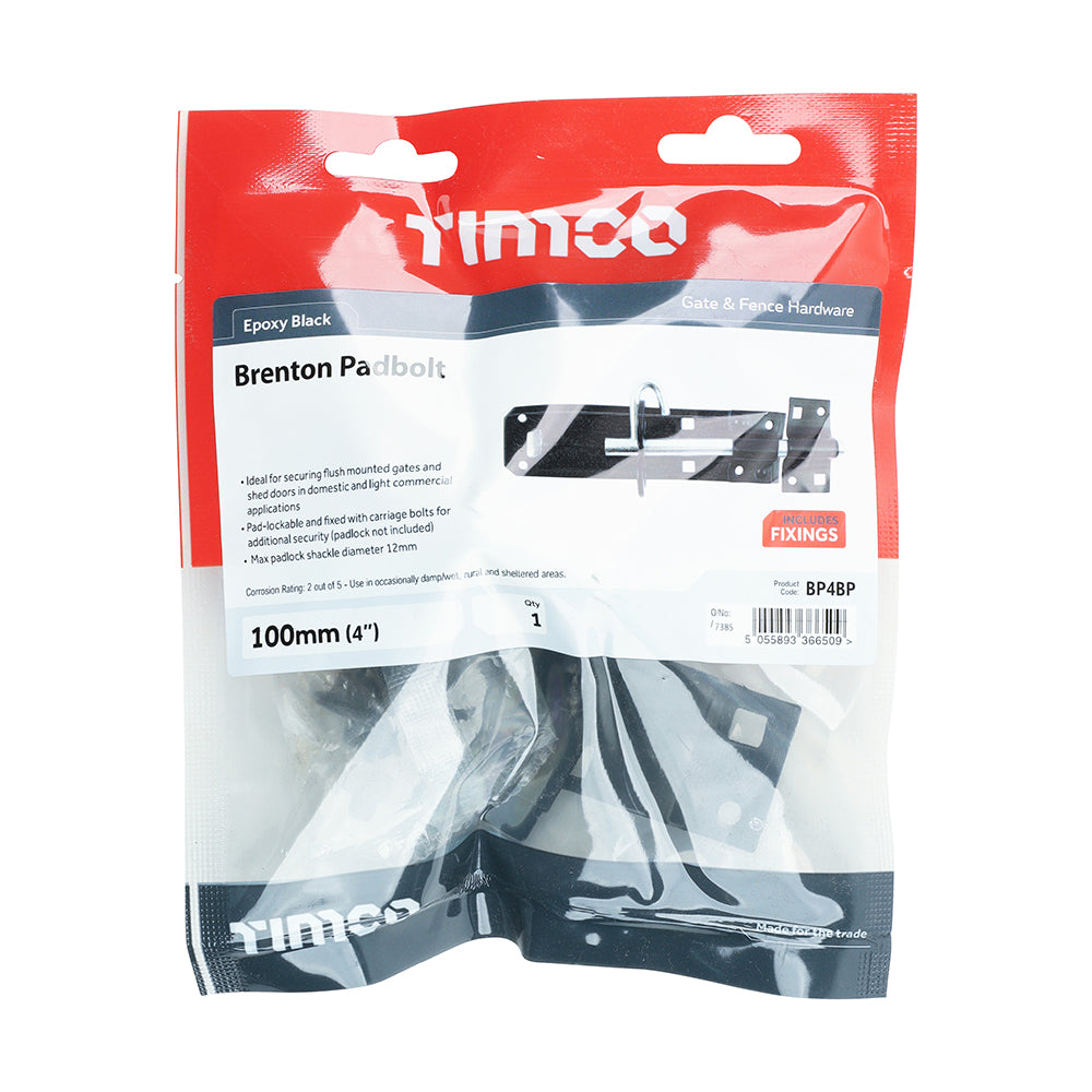 This is an image showing TIMCO Brenton Padbolt - Black - 4" - 1 Each TIMbag available from T.H Wiggans Ironmongery in Kendal, quick delivery at discounted prices.