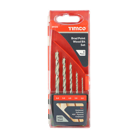This is an image showing TIMCO Brad Point Wood Bit Set - 5pcs - 5 Pieces Case available from T.H Wiggans Ironmongery in Kendal, quick delivery at discounted prices.