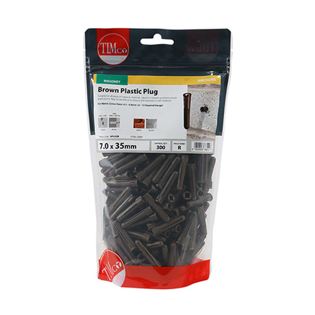 This is an image showing TIMCO Plastic Plugs - Brown - 36mm - 300 Pieces TIMbag available from T.H Wiggans Ironmongery in Kendal, quick delivery at discounted prices.