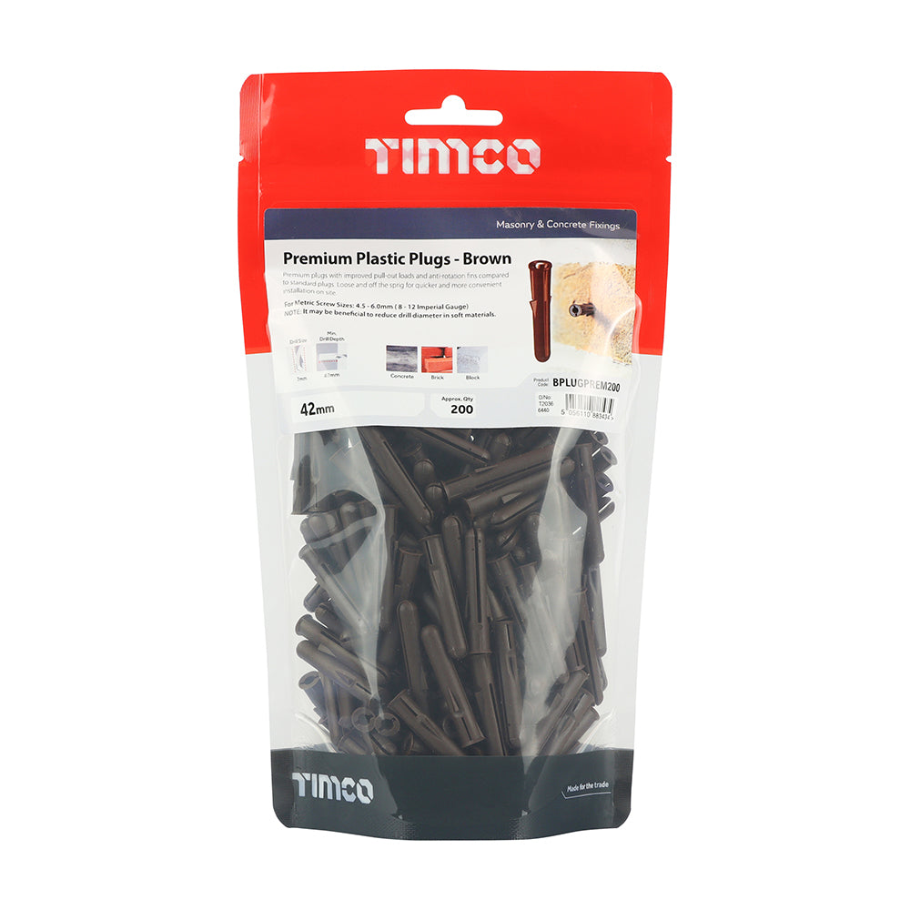 This is an image showing TIMCO Premium Plastic Plugs - Brown - 42mm - 200 Pieces TIMbag available from T.H Wiggans Ironmongery in Kendal, quick delivery at discounted prices.