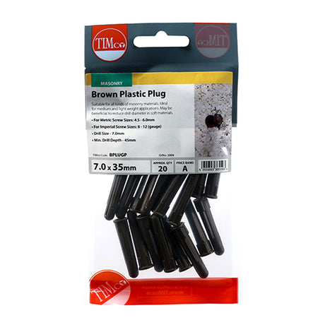 This is an image showing TIMCO Plastic Plugs - Brown - 36mm - 20 Pieces TIMpac available from T.H Wiggans Ironmongery in Kendal, quick delivery at discounted prices.