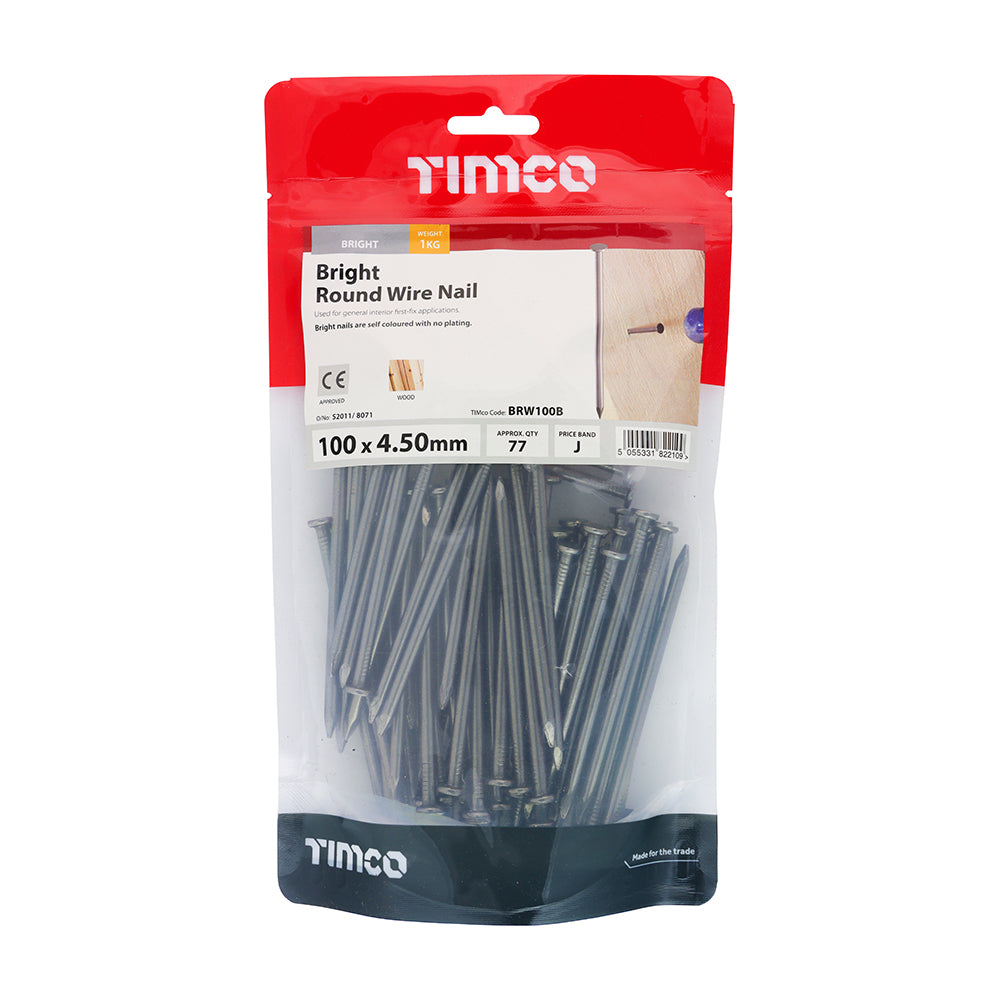 This is an image showing TIMCO Round Wire Nails - Bright - 100 x 4.50 - 1 Kilograms TIMbag available from T.H Wiggans Ironmongery in Kendal, quick delivery at discounted prices.