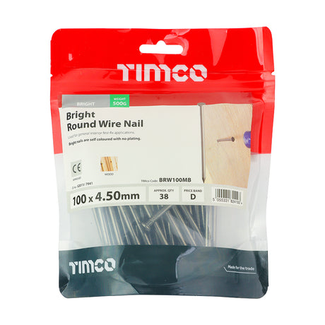 This is an image showing TIMCO Round Wire Nails - Bright - 100 x 4.50 - 0.5 Kilograms TIMbag available from T.H Wiggans Ironmongery in Kendal, quick delivery at discounted prices.