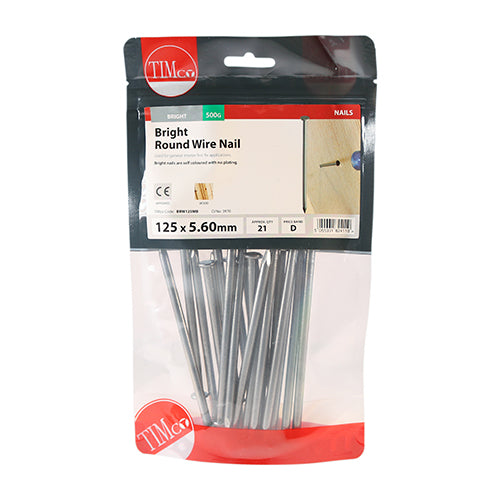 This is an image showing TIMCO Round Wire Nails - Bright - 125 x 5.60 - 0.5 Kilograms TIMbag available from T.H Wiggans Ironmongery in Kendal, quick delivery at discounted prices.