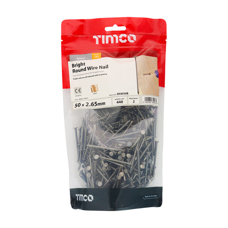 This is an image showing TIMCO Round Wire Nails - Bright - 50 x 2.65 - 1 Kilograms TIMbag available from T.H Wiggans Ironmongery in Kendal, quick delivery at discounted prices.