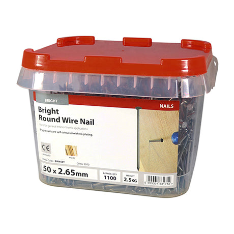 This is an image showing TIMCO Round Wire Nails - Bright - 50 x 2.65 - 2.5 Kilograms TIMtub available from T.H Wiggans Ironmongery in Kendal, quick delivery at discounted prices.