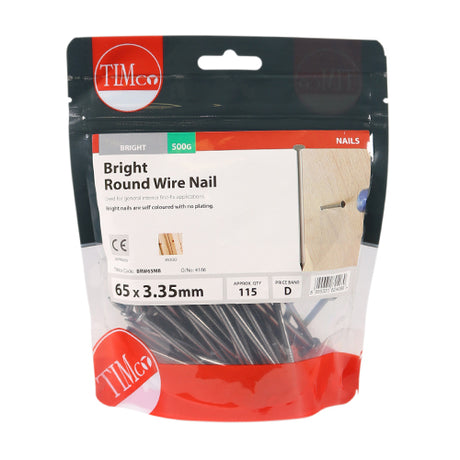 This is an image showing TIMCO Round Wire Nails - Bright - 65 x 3.35 - 0.5 Kilograms TIMbag available from T.H Wiggans Ironmongery in Kendal, quick delivery at discounted prices.