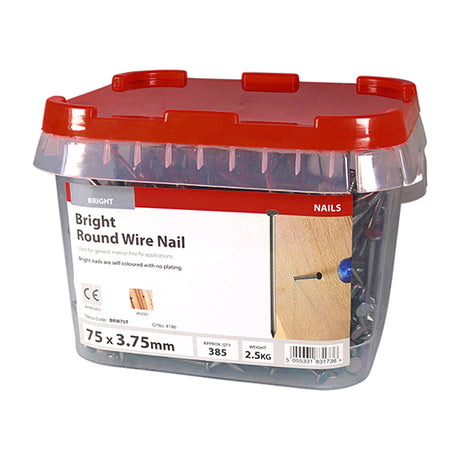 This is an image showing TIMCO Round Wire Nails - Bright - 75 x 3.75 - 2.5 Kilograms TIMtub available from T.H Wiggans Ironmongery in Kendal, quick delivery at discounted prices.