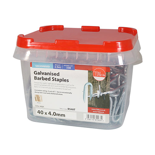 This is an image showing TIMCO Barbed Staples - Galvanised - 40 x 4.00 - 2.5 Kilograms TIMtub available from T.H Wiggans Ironmongery in Kendal, quick delivery at discounted prices.