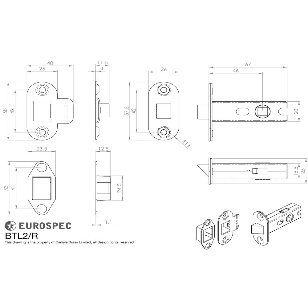 This image is a line drwaing of a Eurospec - Bolt Through Tubular Latch Radius - Nickel Plate available to order from T.H Wiggans Architectural Ironmongery in Kendal