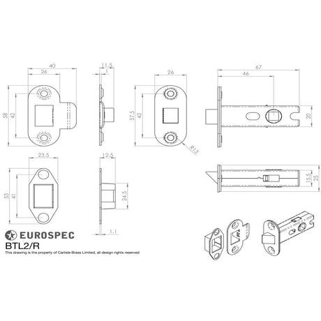 This image is a line drwaing of a Eurospec - Bolt Through Tubular Latch Radius - Nickel Plate available to order from T.H Wiggans Architectural Ironmongery in Kendal