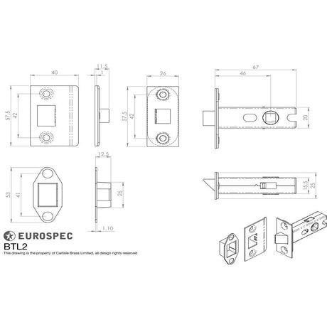 This image is a line drwaing of a Eurospec - Bolt Through Tubular Latch Square - Nickel Plate available to order from T.H Wiggans Architectural Ironmongery in Kendal