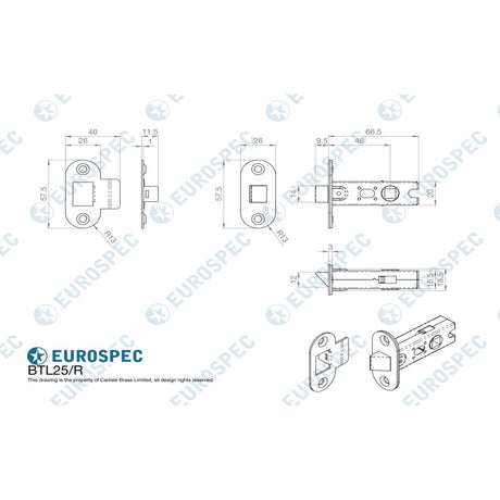 This image is a line drwaing of a Eurospec - 64mm Ce B/T Tubular Mortice Latch Radius - Matt Black available to order from T.H Wiggans Architectural Ironmongery in Kendal