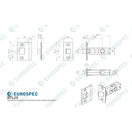 This image is a line drwaing of a Eurospec - 64Mm Ce B/T Tubular Mortice Latch Square - Satin Brass available to order from T.H Wiggans Architectural Ironmongery in Kendal