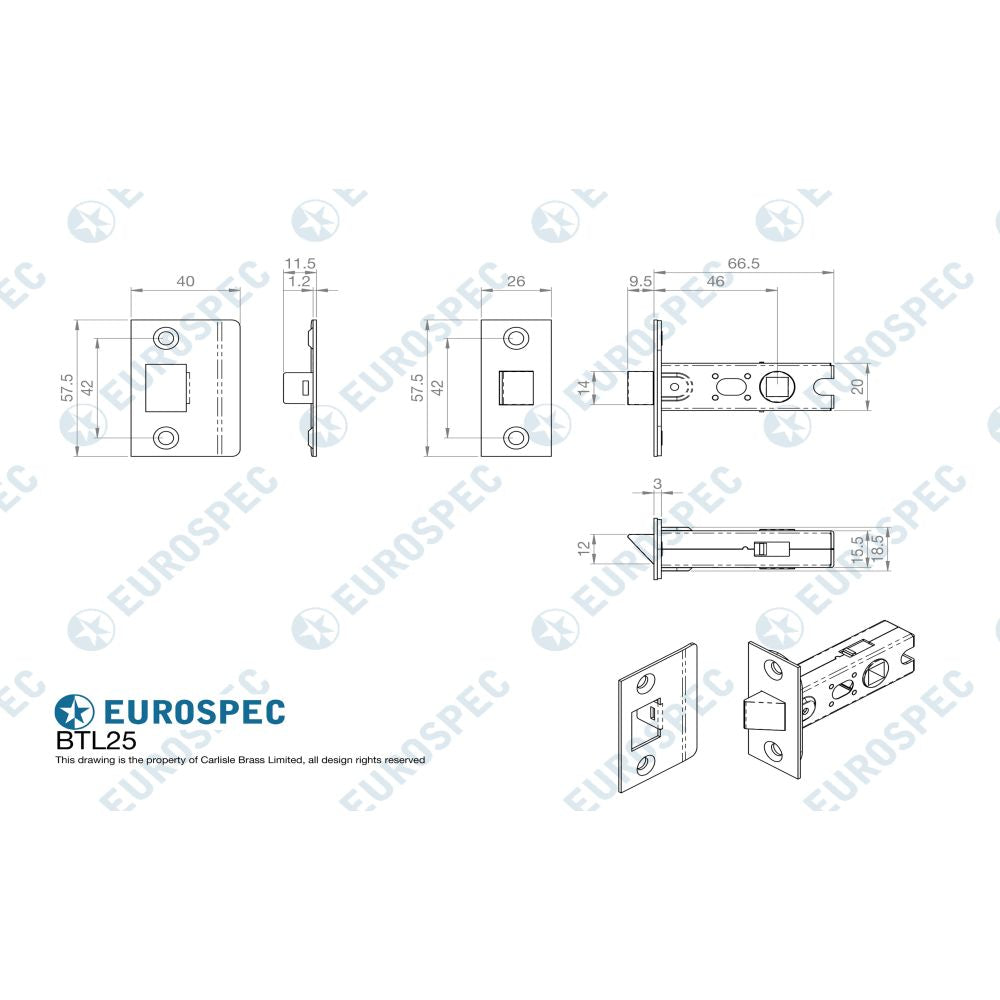 This image is a line drwaing of a Eurospec - 64Mm Ce B/T Tubular Mortice Latch Square - Antique Brass available to order from T.H Wiggans Architectural Ironmongery in Kendal