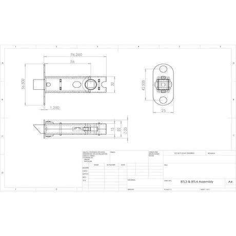 This image is a line drwaing of a Eurospec - Bolt Through Tubular Latch Square - Electro Brassed available to order from T.H Wiggans Architectural Ironmongery in Kendal