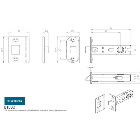 This image is a line drwaing of a Eurospec - 76Mm Ce B/T Tubular Mortice Latch Square - Satin Nickel available to order from T.H Wiggans Architectural Ironmongery in Kendal