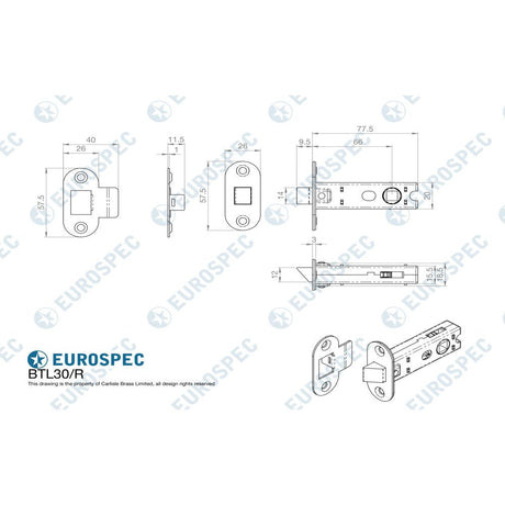 This image is a line drwaing of a Eurospec - 76mm Ce B/T Tubular Mortice Latch Radius - Matt Black available to order from T.H Wiggans Architectural Ironmongery in Kendal