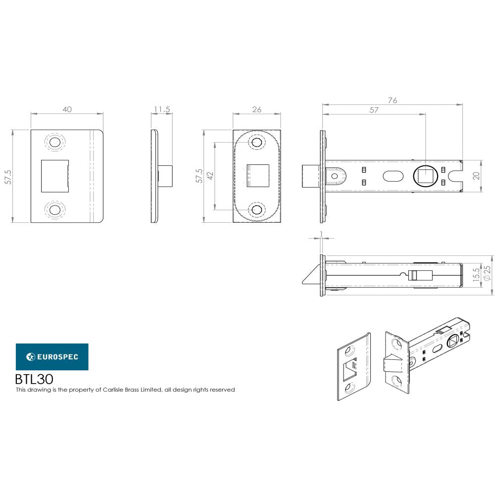 This image is a line drwaing of a Eurospec - 76Mm Ce B/T Tubular Mortice Latch Square - Satin Brass available to order from T.H Wiggans Architectural Ironmongery in Kendal