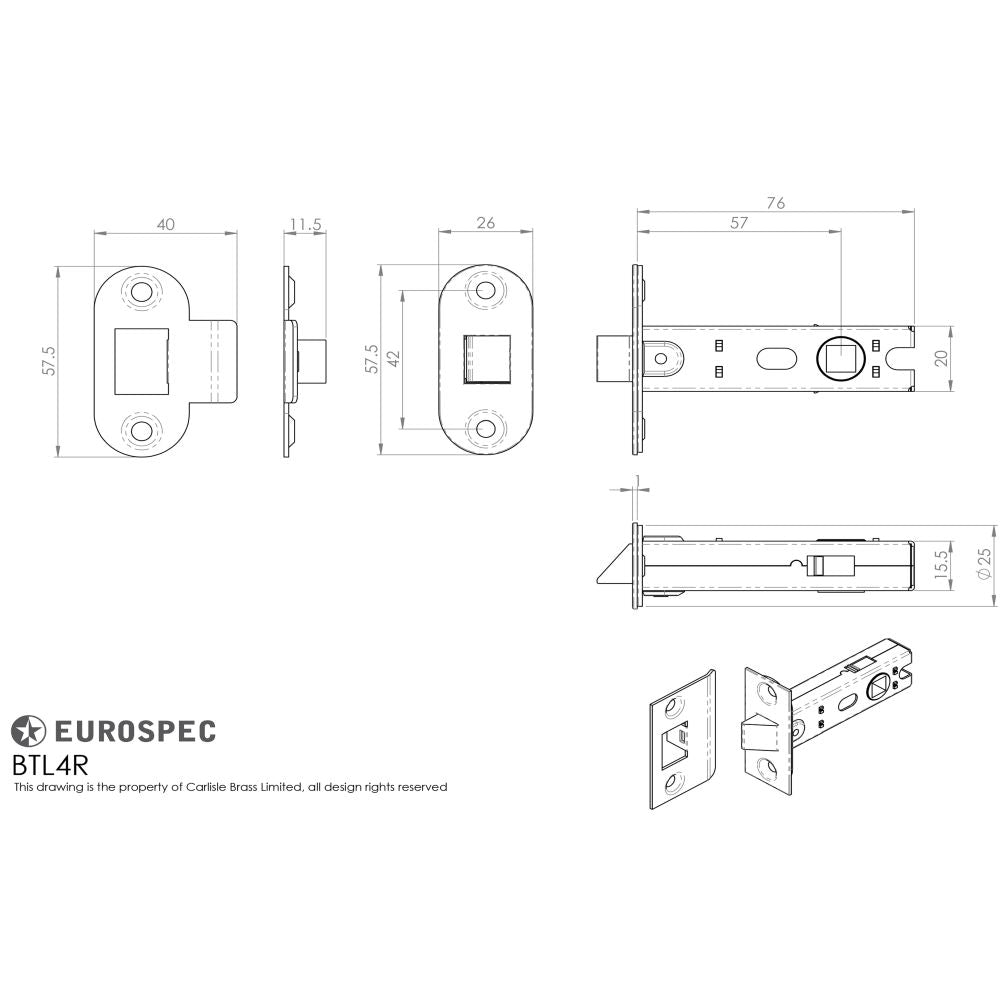 This image is a line drwaing of a Carlisle Brass - Radius Tubular Latch Bolt Through 76mm - Nickel Plate available to order from T.H Wiggans Architectural Ironmongery in Kendal