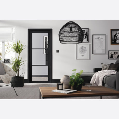 This is an image showing LPD - Tribeca 3L Clear Primed Plus Black Doors 762 x 1981 available from T.H Wiggans Ironmongery in Kendal, quick delivery at discounted prices.