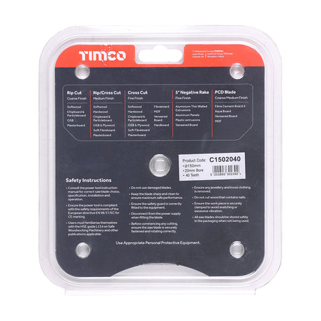 This is an image showing TIMCO Circular Saw Blade - Trimming/Crosscut - Medium/Fine - 150 x 20 x 40T - 1 Each Clamshell available from T.H Wiggans Ironmongery in Kendal, quick delivery at discounted prices.