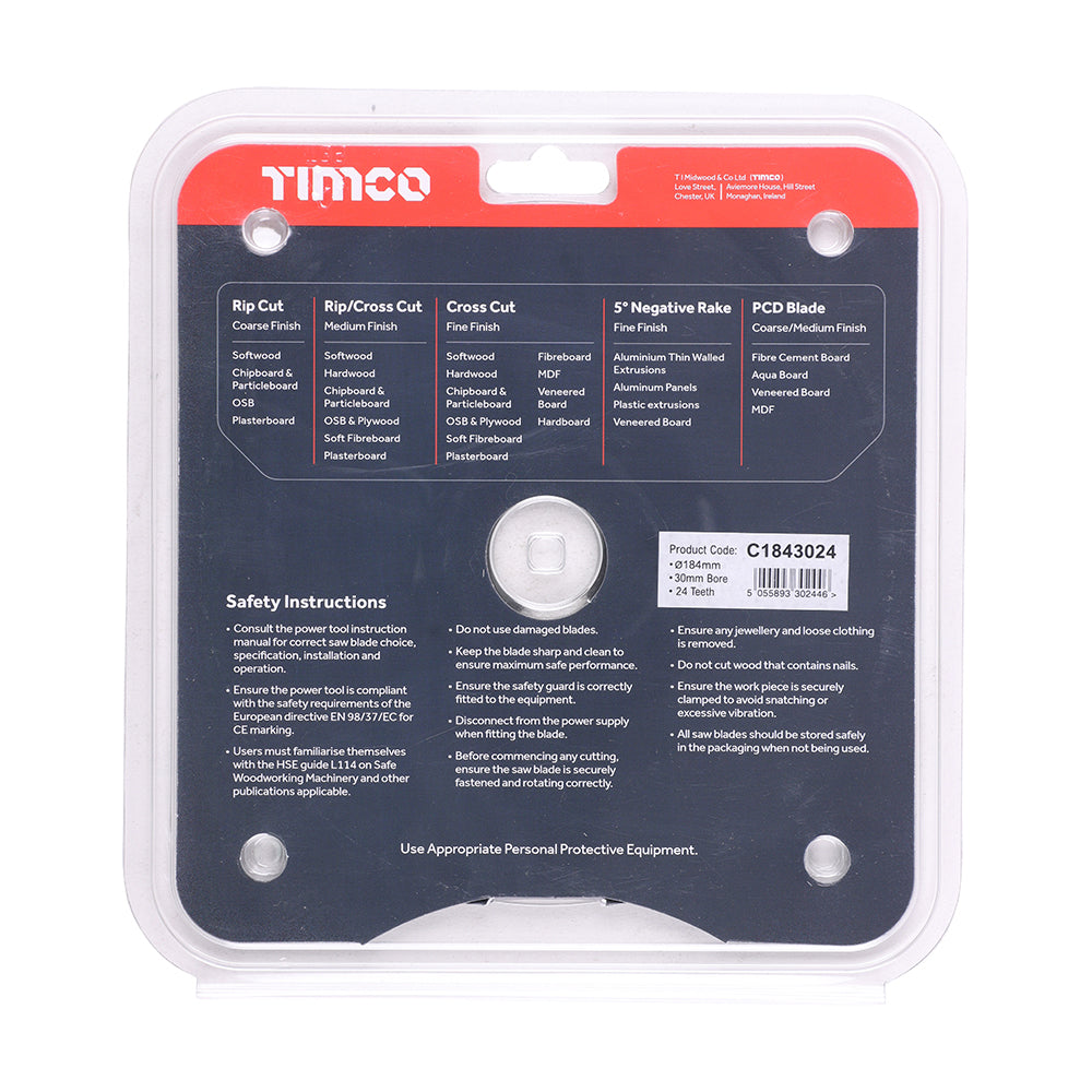 This is an image showing TIMCO Circular Saw Blade - General Purpose - Coarse/Medium - 184 x 30 x 24T - 1 Each Clamshell available from T.H Wiggans Ironmongery in Kendal, quick delivery at discounted prices.