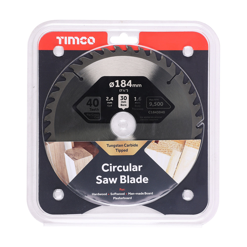 This is an image showing TIMCO Circular Saw Blade - Trimming/Crosscut - Medium/Fine - 184 x 30 x 40T - 1 Each Clamshell available from T.H Wiggans Ironmongery in Kendal, quick delivery at discounted prices.