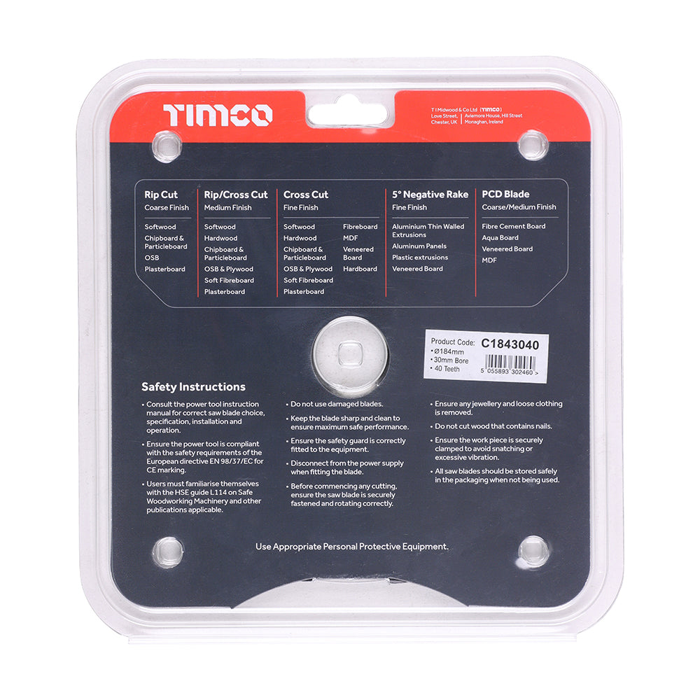 This is an image showing TIMCO Circular Saw Blade - Trimming/Crosscut - Medium/Fine - 184 x 30 x 40T - 1 Each Clamshell available from T.H Wiggans Ironmongery in Kendal, quick delivery at discounted prices.