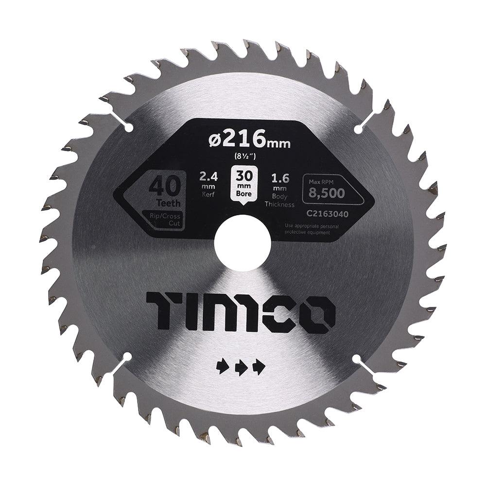 This is an image showing TIMCO Circular Saw Blade - Trimming/Crosscut - Medium/Fine - 216 x 30 x 40T - 1 Each Clamshell available from T.H Wiggans Ironmongery in Kendal, quick delivery at discounted prices.