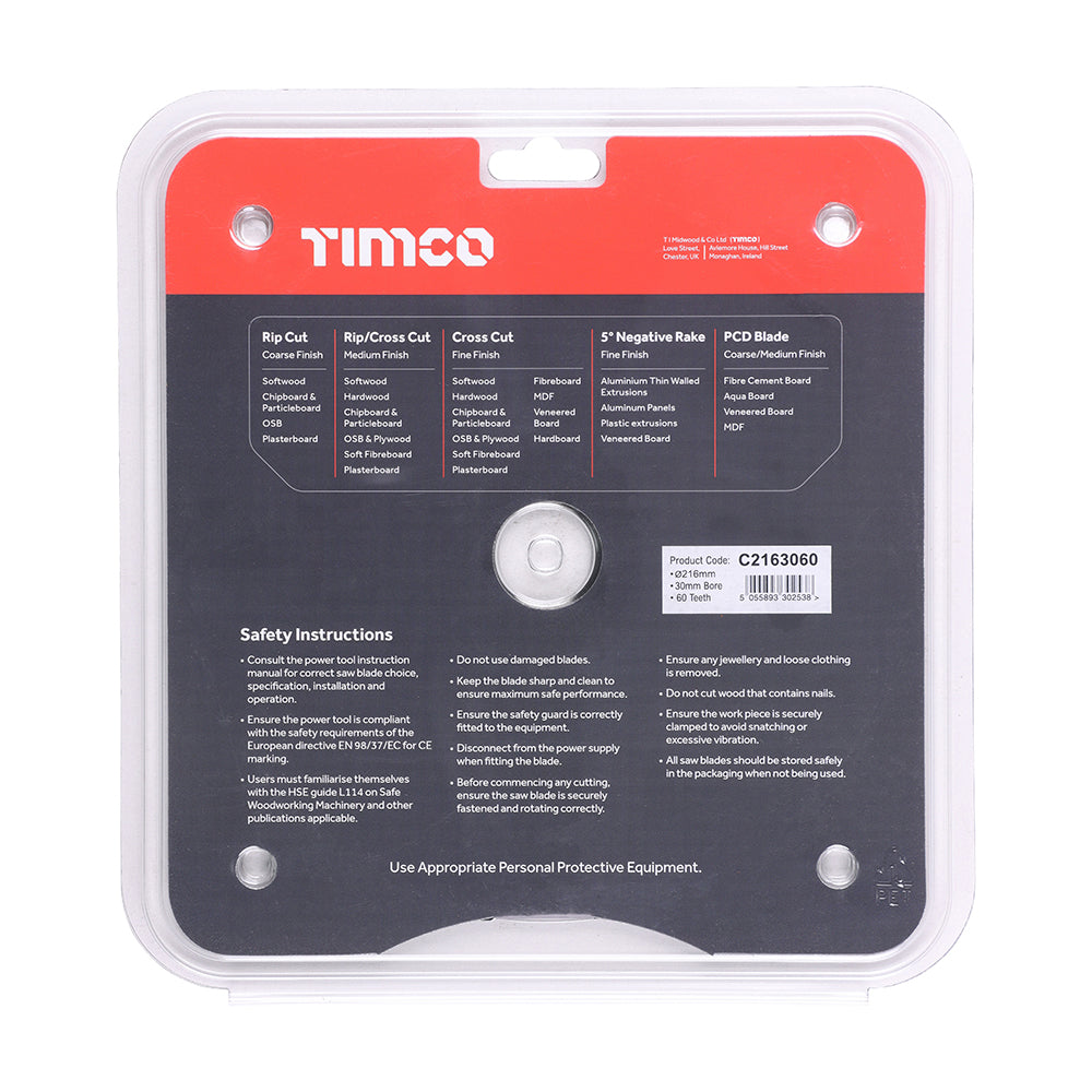 This is an image showing TIMCO Circular Saw Blade - Fine Trim/Finishing - Extra Fine - 216 x 30 x 60T - 1 Each Clamshell available from T.H Wiggans Ironmongery in Kendal, quick delivery at discounted prices.