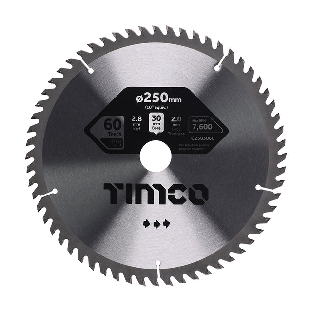 This is an image showing TIMCO Circular Saw Blade - Trimming/Crosscut - Medium/Fine - 250 x 30 x 60T - 1 Each Clamshell available from T.H Wiggans Ironmongery in Kendal, quick delivery at discounted prices.