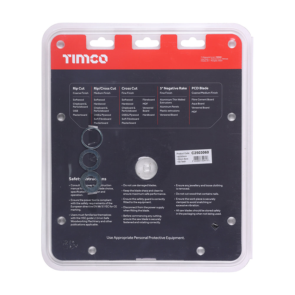 This is an image showing TIMCO Circular Saw Blade - Trimming/Crosscut - Medium/Fine - 250 x 30 x 60T - 1 Each Clamshell available from T.H Wiggans Ironmongery in Kendal, quick delivery at discounted prices.
