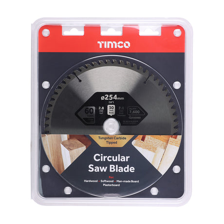 This is an image showing TIMCO Circular Saw Blade - Trimming/Crosscut - Medium/Fine - 254 x 30 x 60T - 1 Each Clamshell available from T.H Wiggans Ironmongery in Kendal, quick delivery at discounted prices.