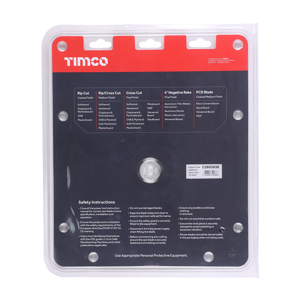 This is an image showing TIMCO Circular Saw Blade - General Purpose - Coarse/Medium - 260 x 30 x 30T - 1 Each Clamshell available from T.H Wiggans Ironmongery in Kendal, quick delivery at discounted prices.