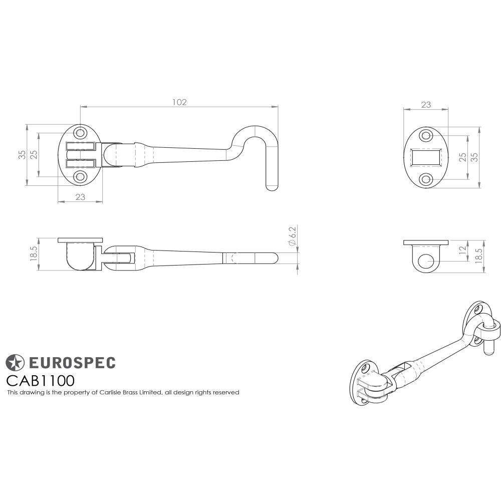 This image is a line drwaing of a Eurospec - Silent Pattern Cabin Hook 100mm - Satin Stainless Steel available to order from Trade Door Handles in Kendal