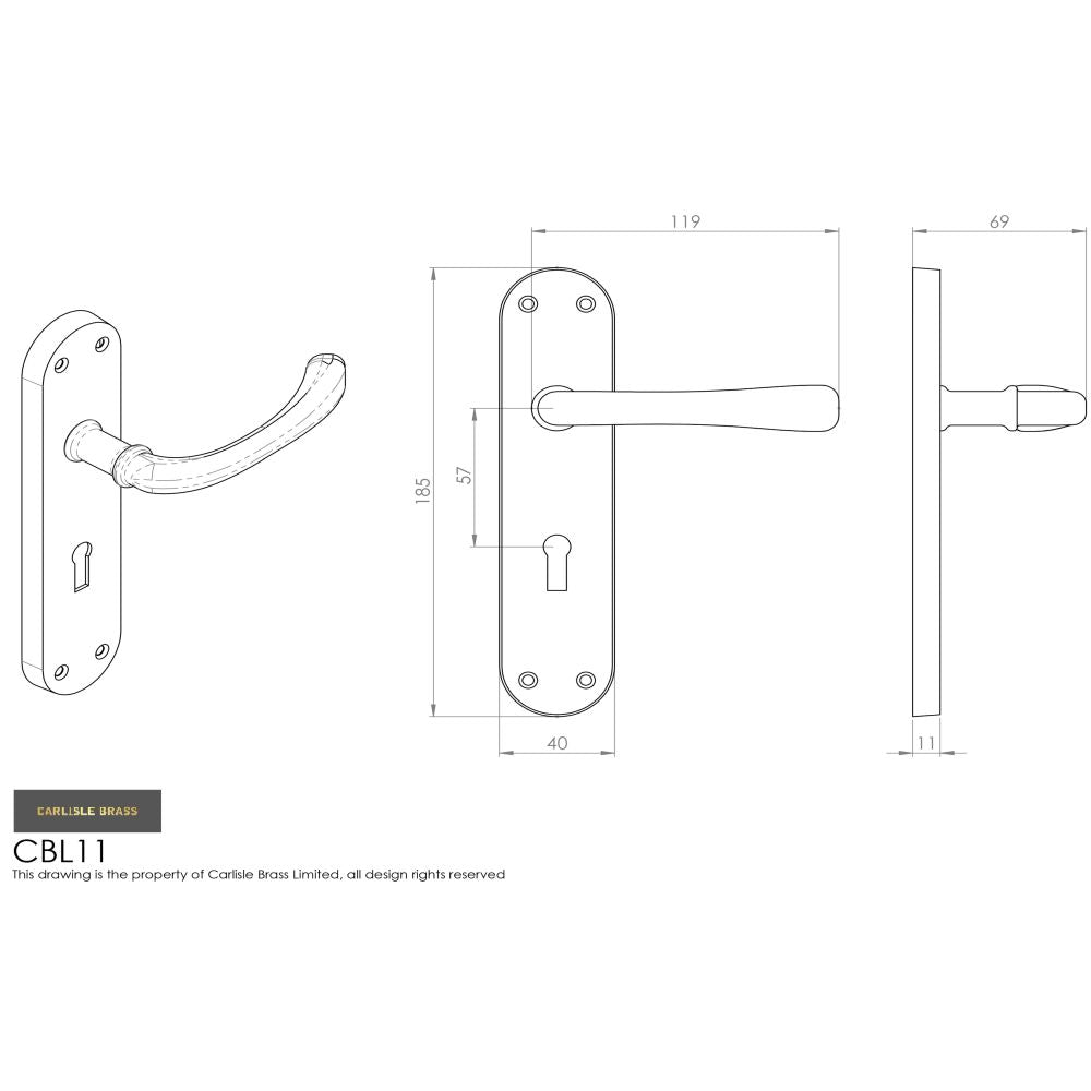 This image is a line drwaing of a Carlisle Brass - Ibra Lever On Backplate - Lock 57Mm C/C - Satin Chrome available to order from Trade Door Handles in Kendal