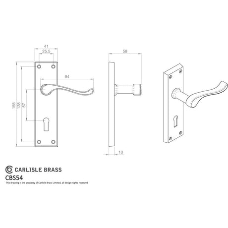 This image is a line drwaing of a Carlisle Brass - Contract Victorian Scroll Lever on Lock Backplate - Satin Chrom available to order from Trade Door Handles in Kendal