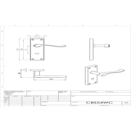 This image is a line drwaing of a Carlisle Brass - Contract Victorian Scroll Lever on WC Backplate - Satin Chrome available to order from Trade Door Handles in Kendal