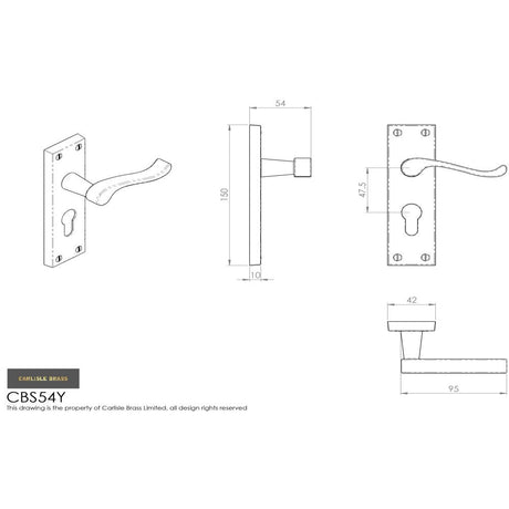 This image is a line drwaing of a Carlisle Brass - Contract Victorian Scroll Lever on Euro Lock Backplate - Polish available to order from Trade Door Handles in Kendal