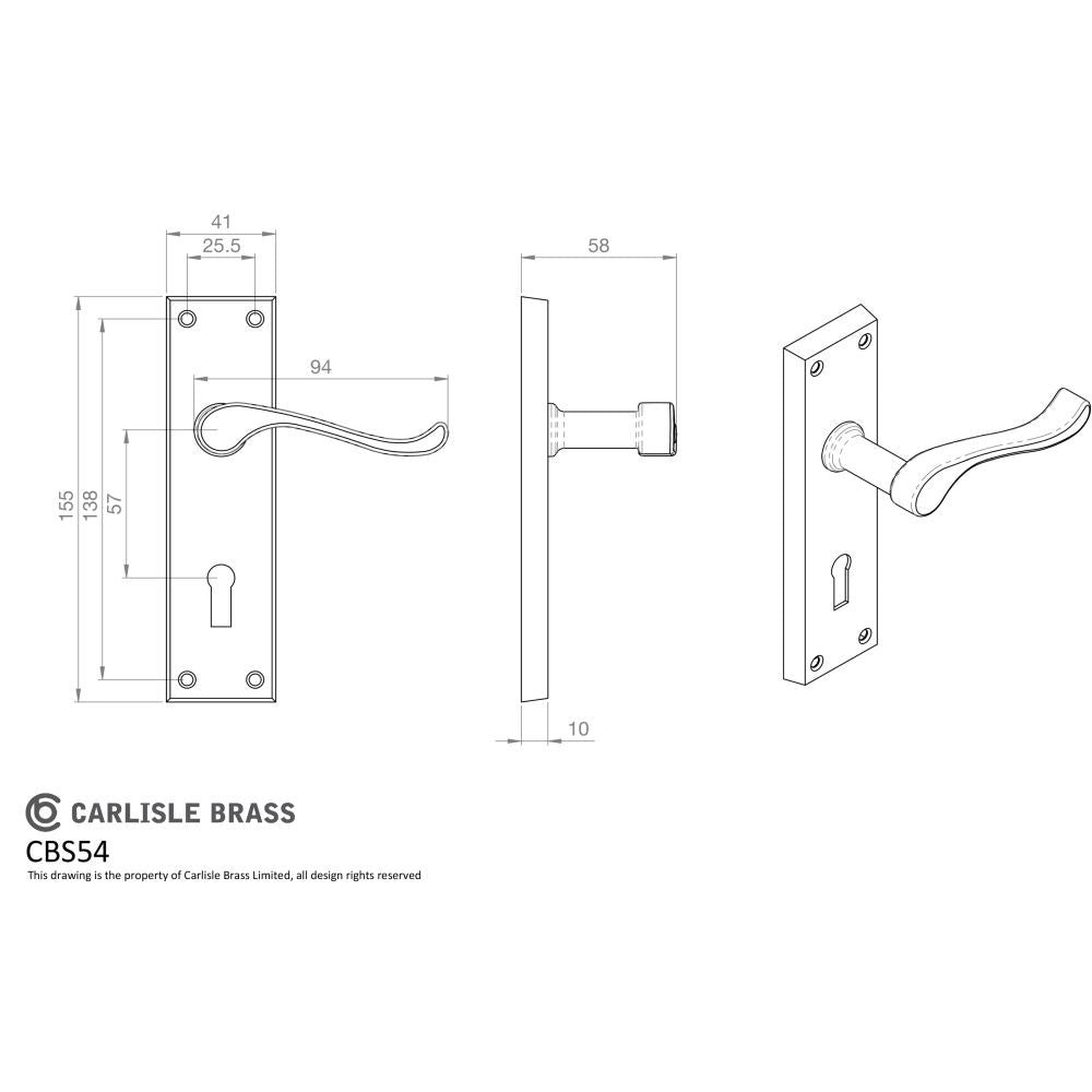 This image is a line drwaing of a Carlisle Brass - Contract Victorian Scroll Lever on Lock Backplate - Polished Br available to order from Trade Door Handles in Kendal