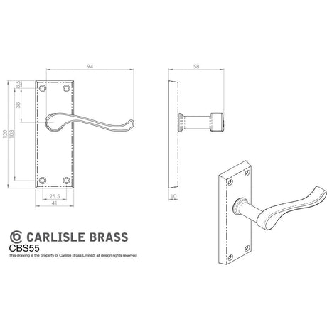 This image is a line drwaing of a Carlisle Brass - Contract Victorian Scroll Lever on Latch Backplate - Satin Chro available to order from Trade Door Handles in Kendal